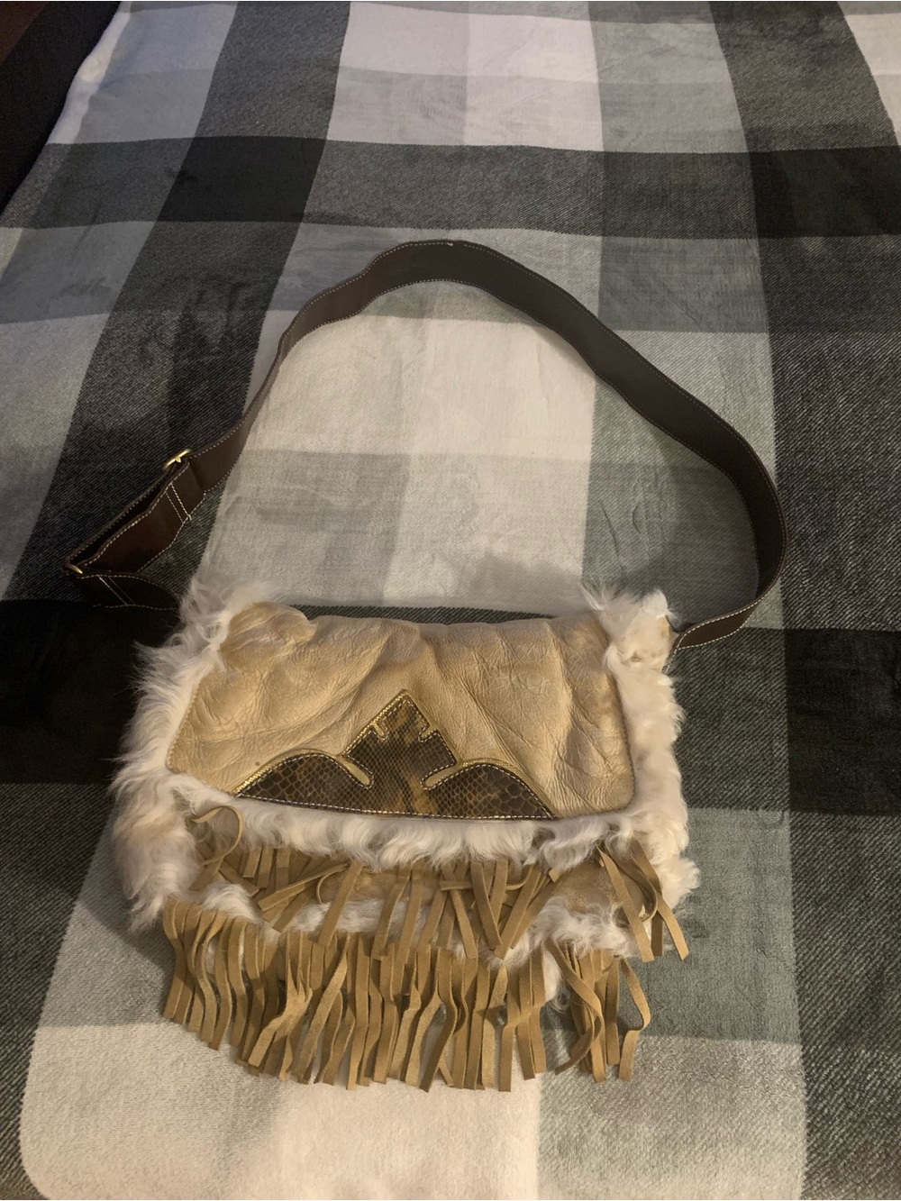 Faux Fur Trim Fringe Crossbody Bag - Tan